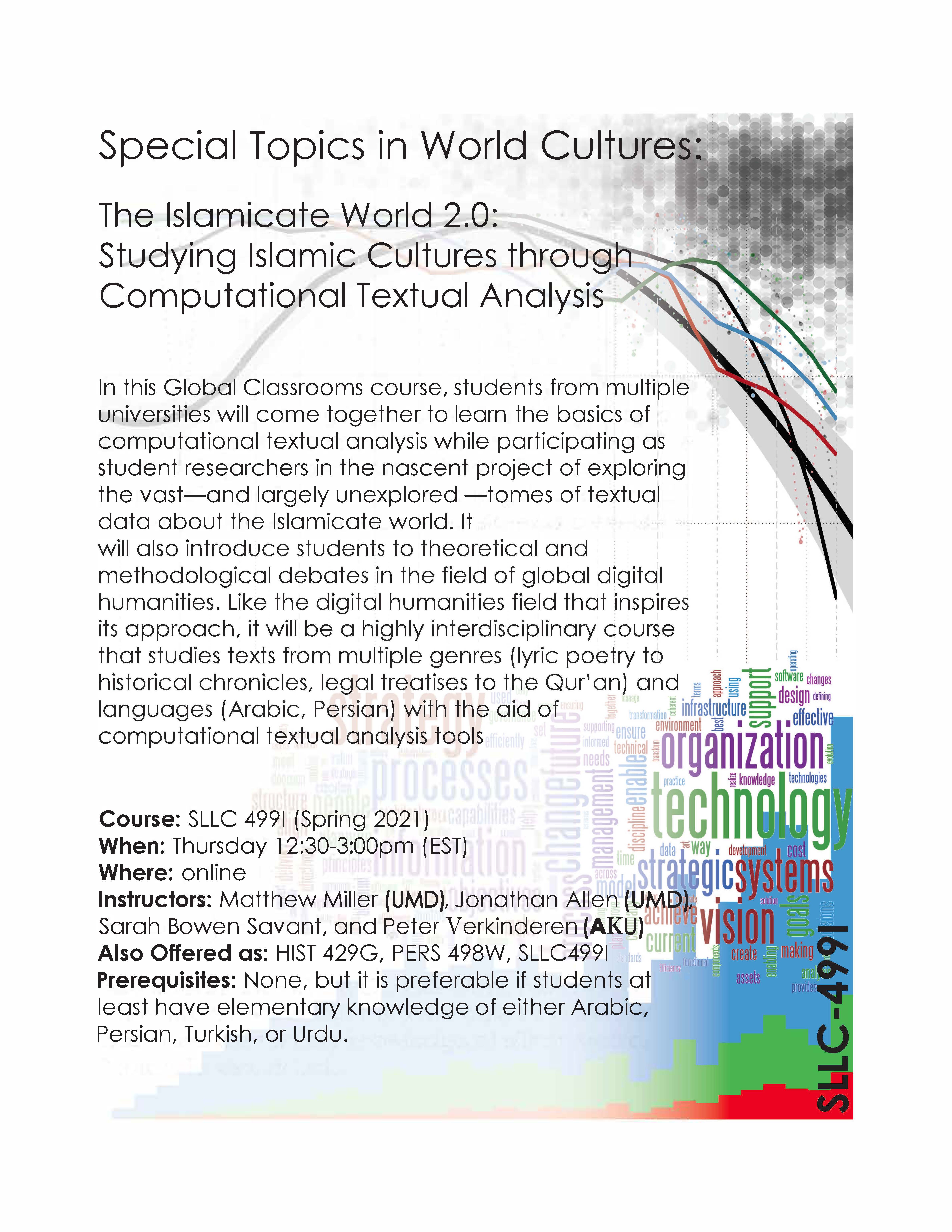 The Islamicate World 2.0: Studying Islamic Cultures through Computational Textual Analysis, taught by Matthew Thomas Miller, Sarah Bowen Savant, Peter Verkinderen, and Jonathan Allen
